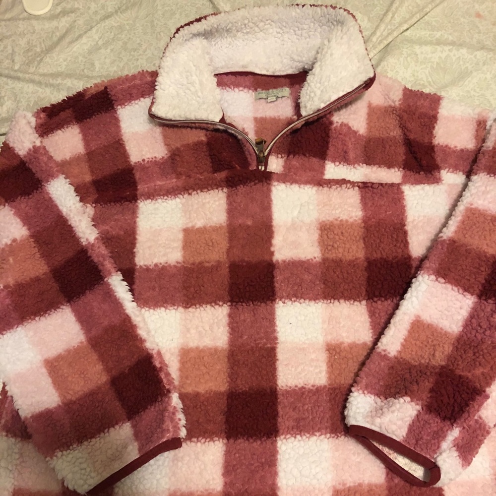 Warm and Clzy pink checkered fuzzy quarter zip